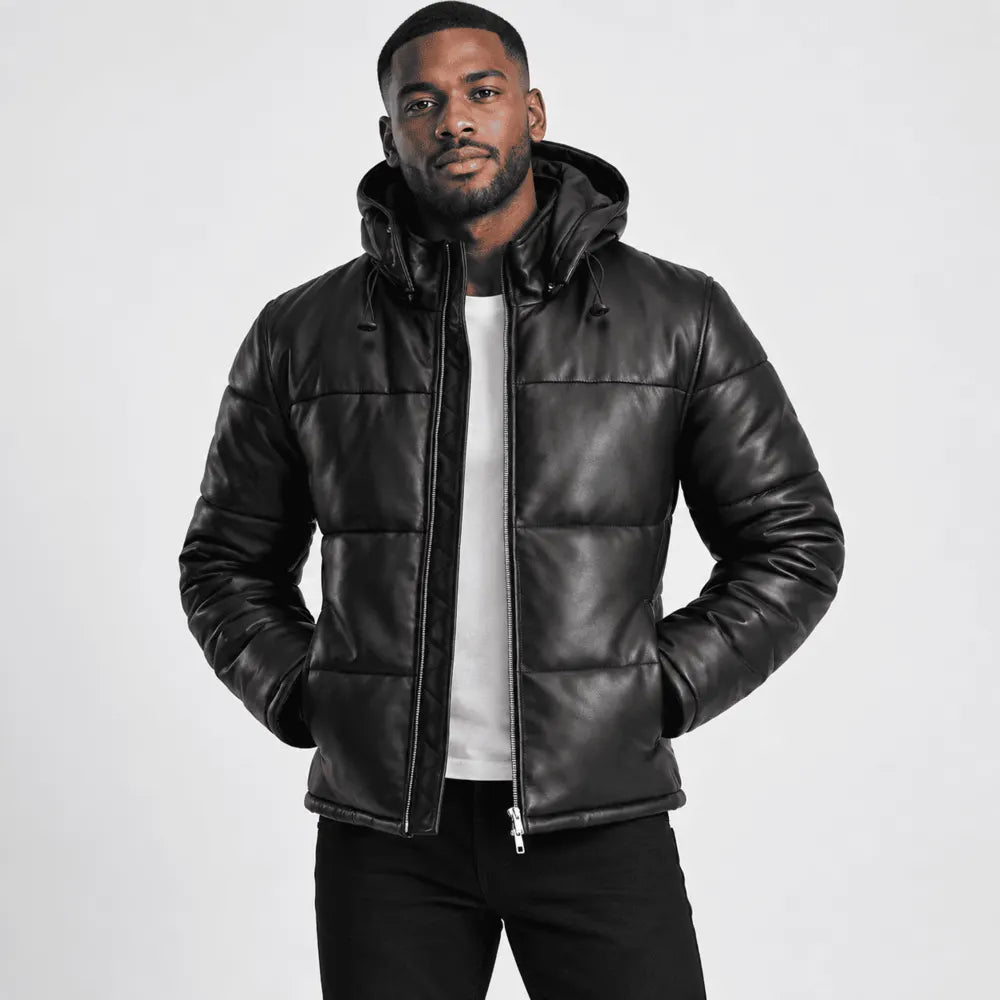 Stormwick Black Sheepskin Leather Hooded Puffer Jacket