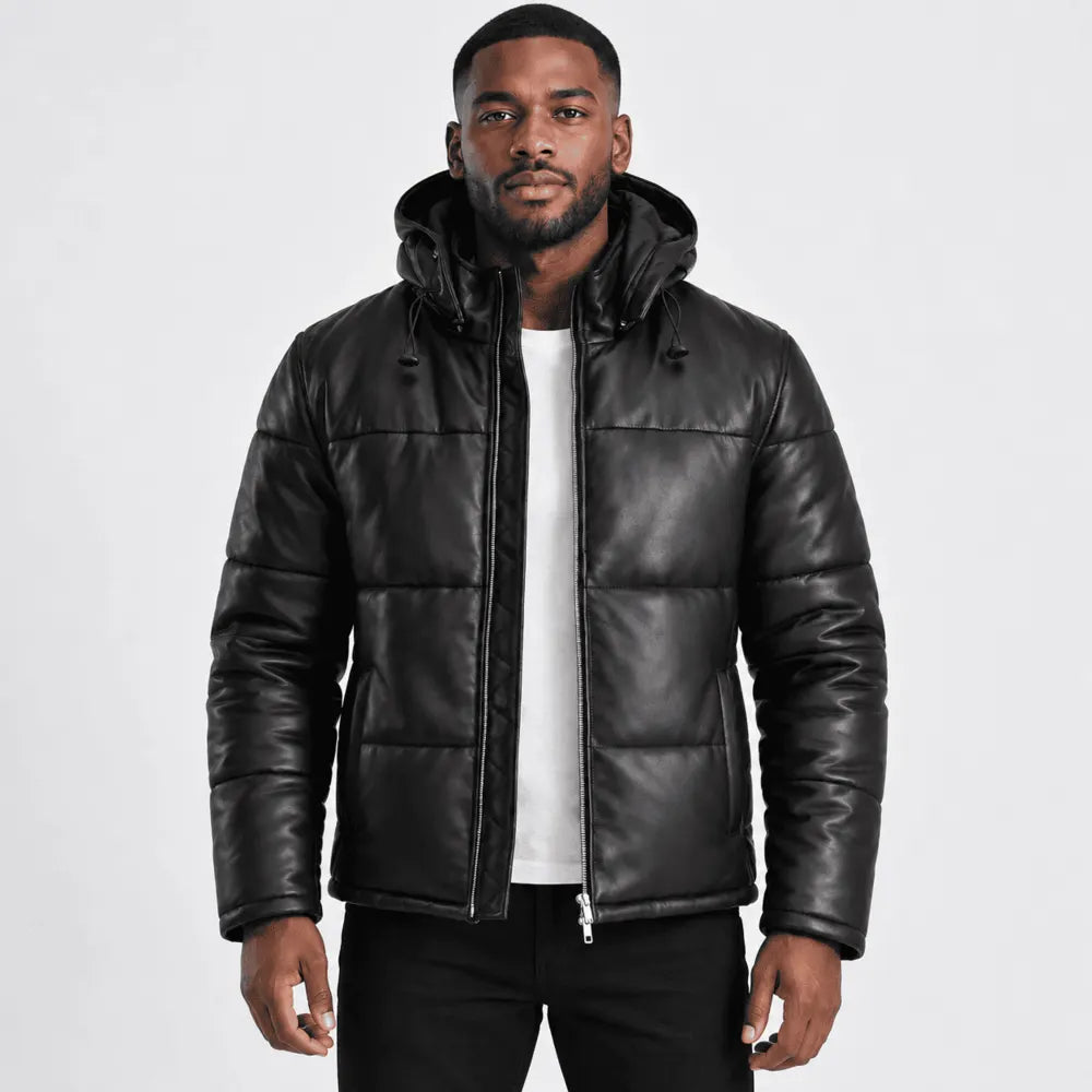 Stormwick Black Sheepskin Leather Hooded Puffer Jacket