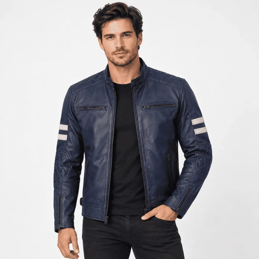 Stratford Blue Waxed Leather Biker Jacket with White Stripes