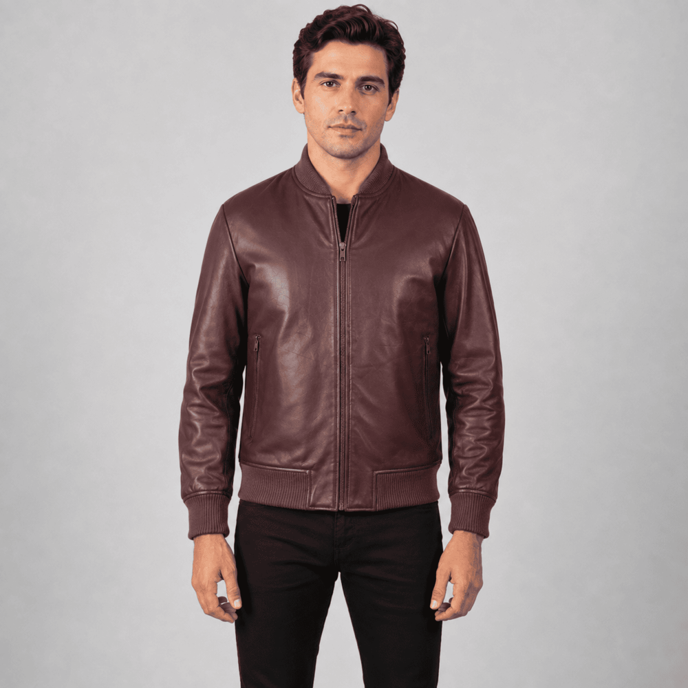 Valen Maroon Sheepskin Leather Bomber Jacket