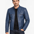 Veyron Blue Leather Cafe Racer Jacket
