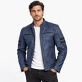 Weston Washed Blue Leather Biker Jacket with Black Stripes