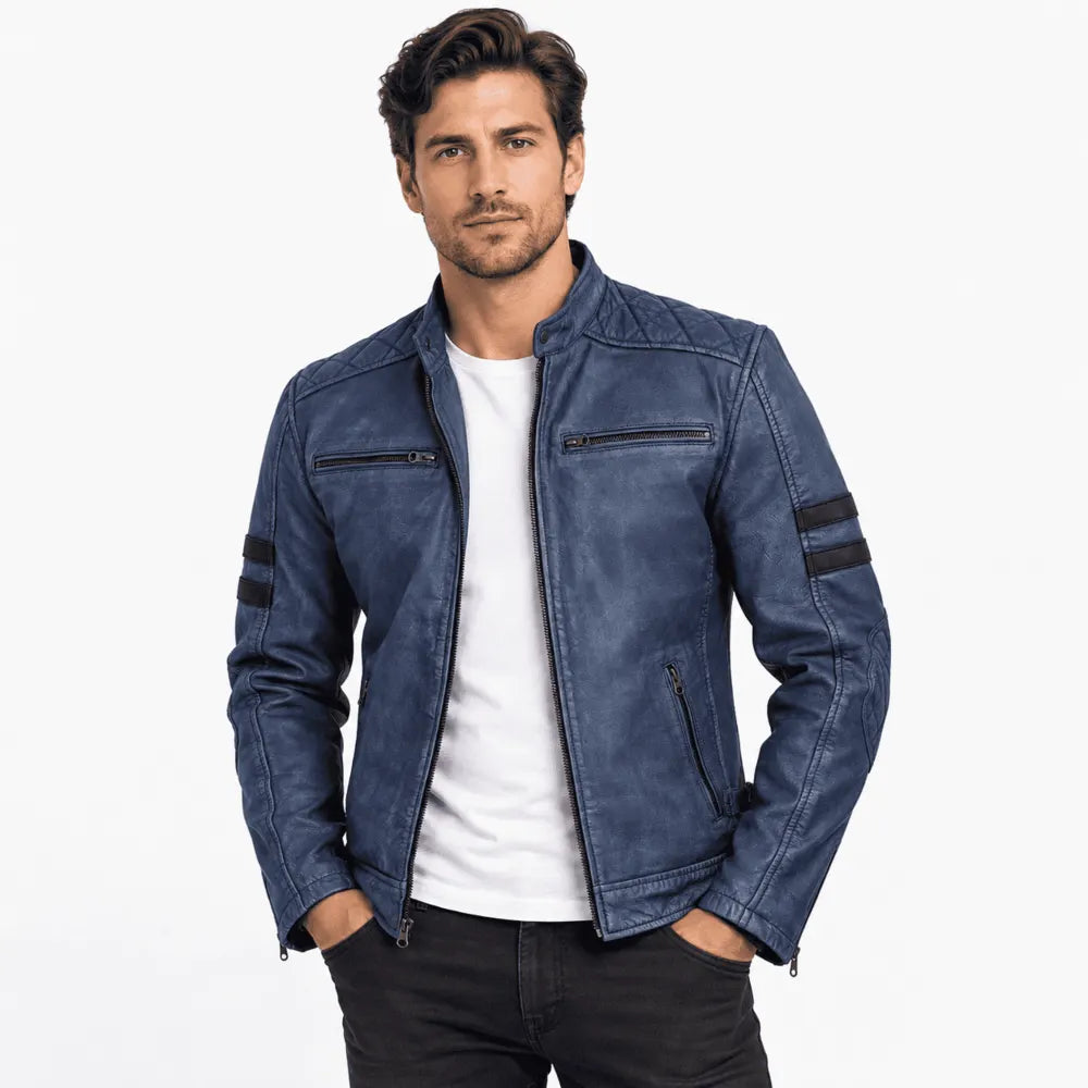 Weston Washed Blue Leather Biker Jacket with Black Stripes