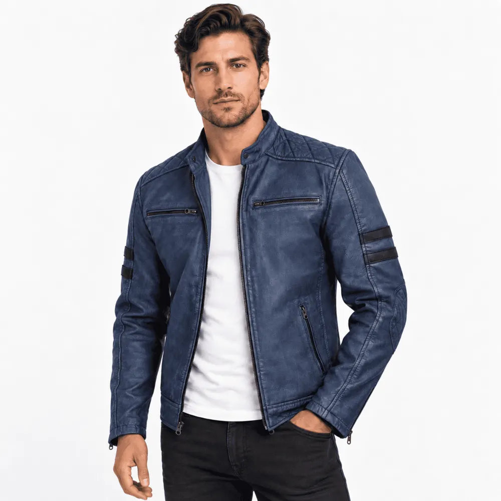 Weston Washed Blue Leather Biker Jacket with Black Stripes