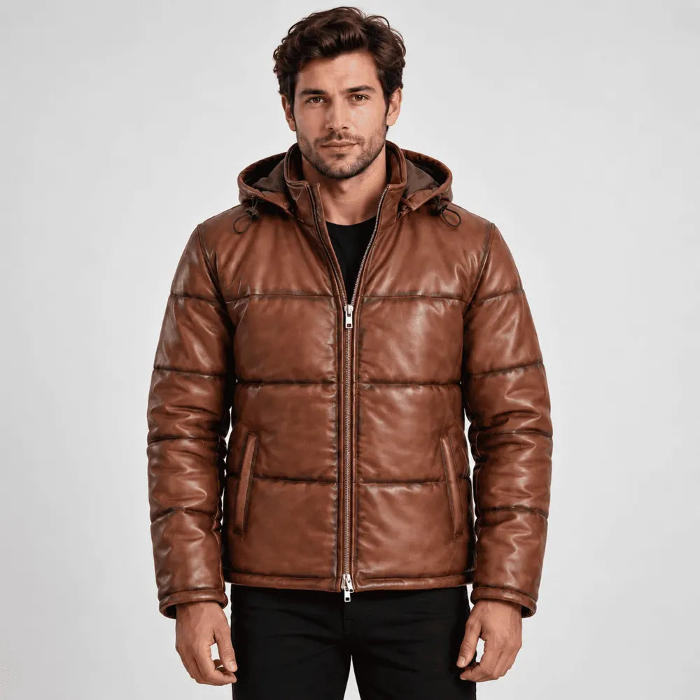Wexford Waxed Brown Sheepskin Leather Puffer Jacket with Removable Hood