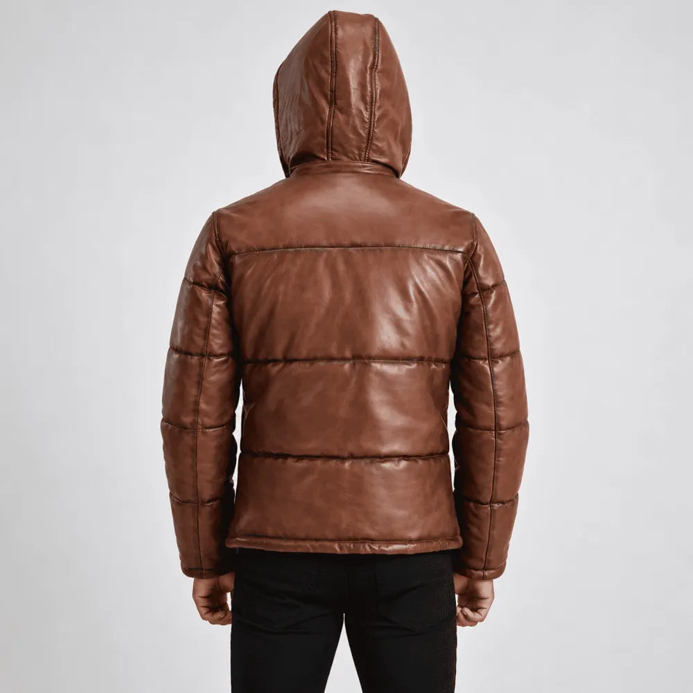 Wexford Waxed Brown Sheepskin Leather Puffer Jacket with Removable Hood