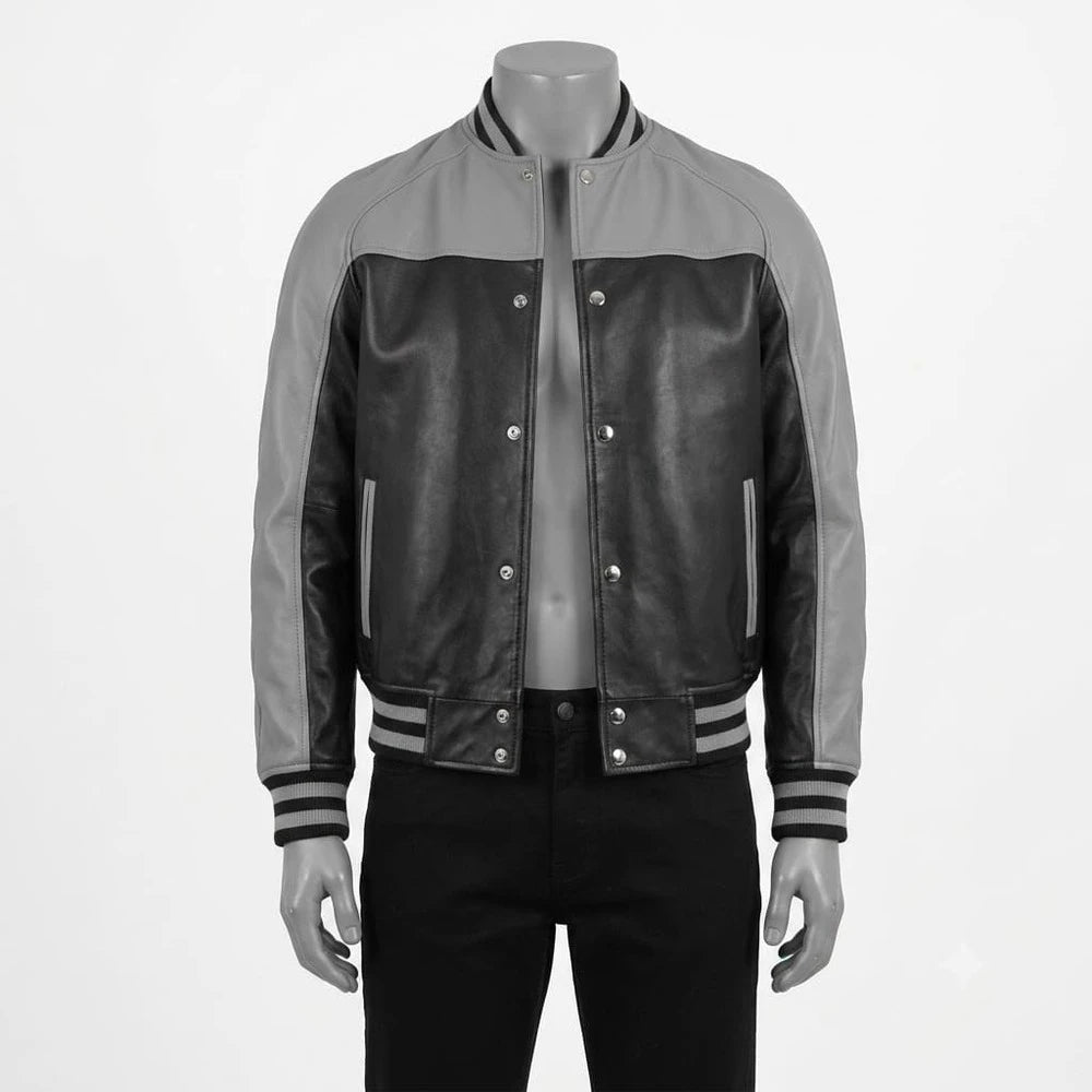 The Sterling Black & Grey Leather Varsity Jacket