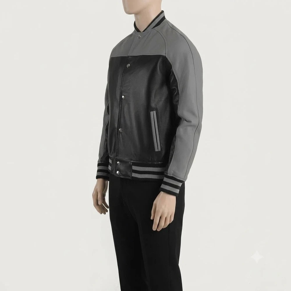 The Sterling Black & Grey Leather Varsity Jacket