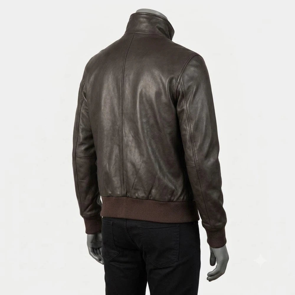 A dark brown leather jacket with a high collar and ribbed knit trim at the hem and cuffs, shown from the back on a mannequin wearing black pants against a light gray background.